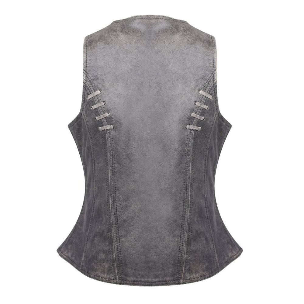 Ladies Lightweight Distressed Gray Leather Vest with Grommeted Twill and Lace - Picture 10 of 12